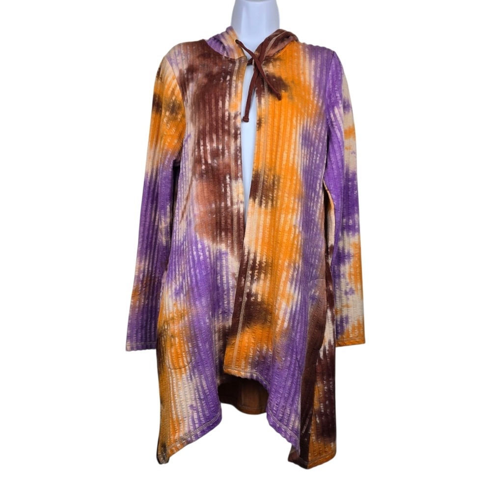 LOGO Lori Goldstein Marcee Tie Dye Ribbed Hooded Open Front Cardigan Purple S